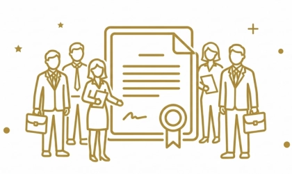 "Minimalist golden line art icon featuring a team of business professionals standing around a signed certificate, representing premium corporate travel solutions, MICE transport, and reliable cross-border business trips between Singapore and Malaysia."