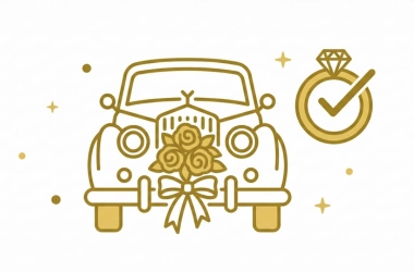"Minimalist golden line art icon featuring a vintage wedding car decorated with a floral bow and a diamond ring with a checkmark, representing reliable, premium cross-border wedding car rentals and bridal transport services between Singapore and Malaysia."