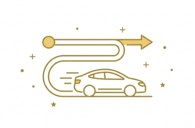 "Minimalist golden line art icon showing a sleek, modern car following a winding pathway from a circular point to an arrow. Symbol for optimized delivery, luxury transport, and efficient logistics. Gold stars and pluses decorate the background."