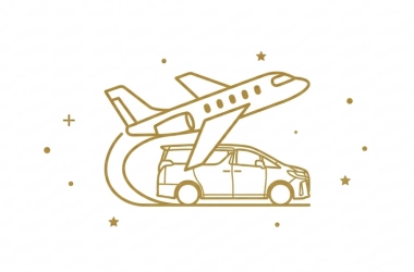 "Minimalist golden line art icon featuring an airplane flying over a premium MPV, representing reliable and comfortable private airport transfer services between Singapore and Malaysia."