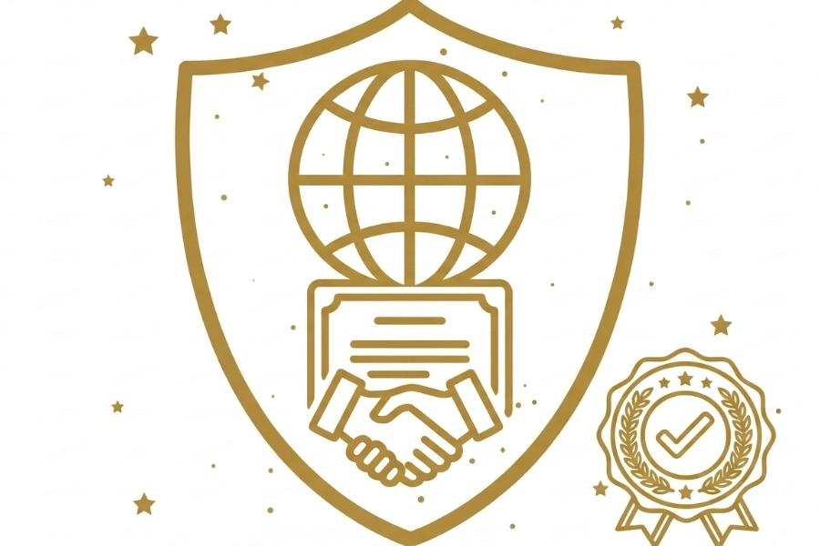 "Gold line art badge representing a licensed and authorized Singapore Malaysia private transport provider, ensuring professional cross-border services and customer security."