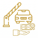 Golden boom gate and vehicle authorized access management icon, symbolic of authorized vehicle import agency services with verified certificate, dollars, and ribbon symbols.