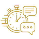 Golden line art icon of stopwatch with speed lines and stacked chat bubbles, symbolizing fast and efficient corporate service response, instant support, and clean communication flow.