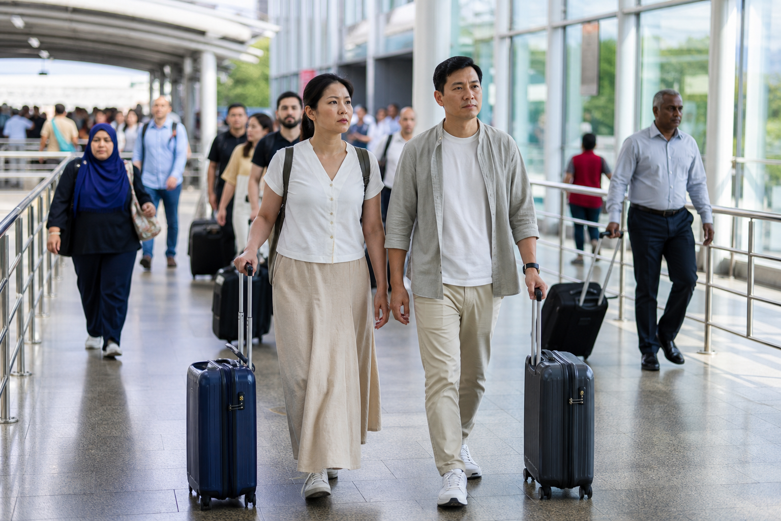 Travellers carrying luggage through Woodlands checkpoint