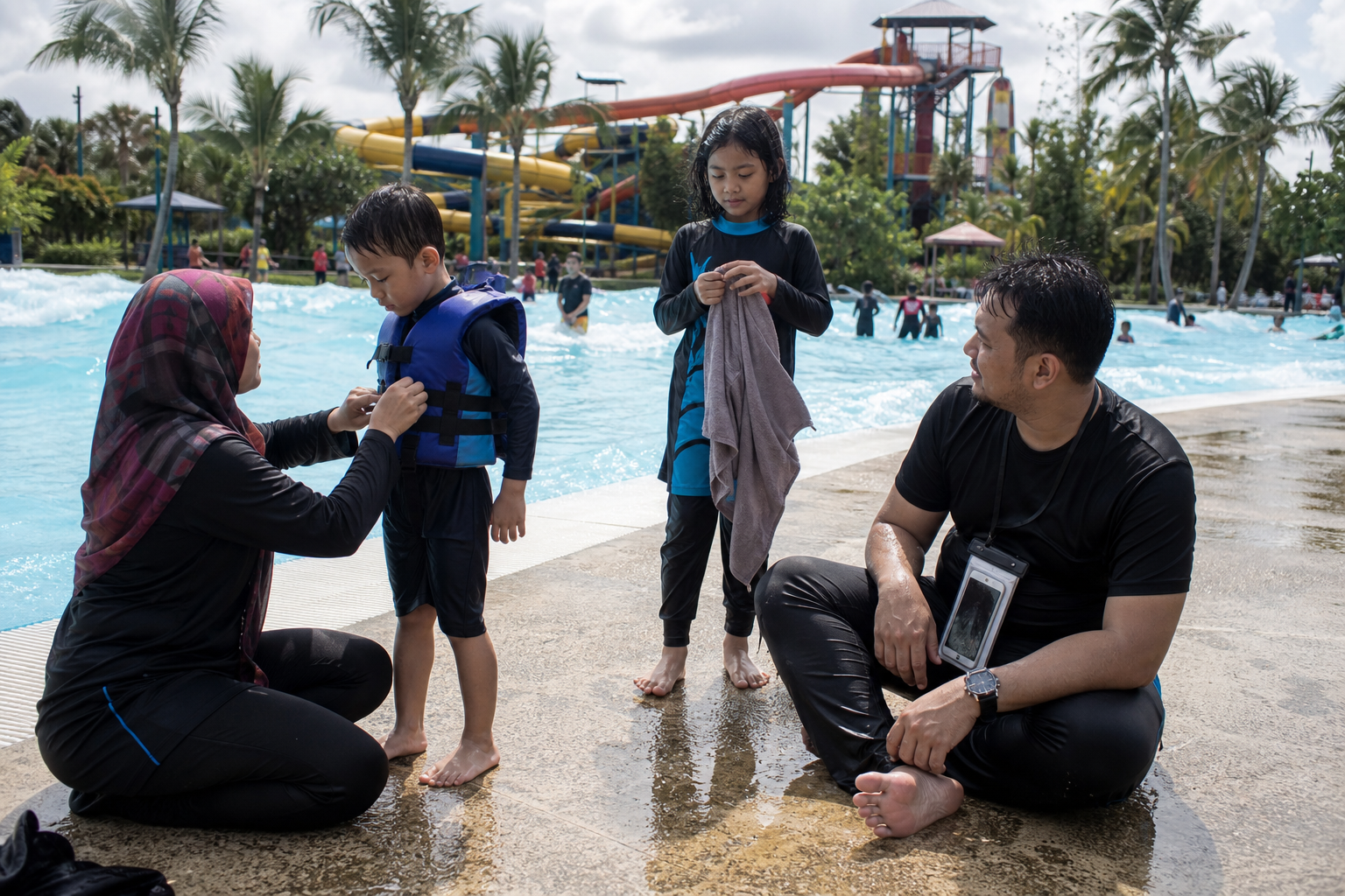 Family at a tropical water park near Iskandar Puteri