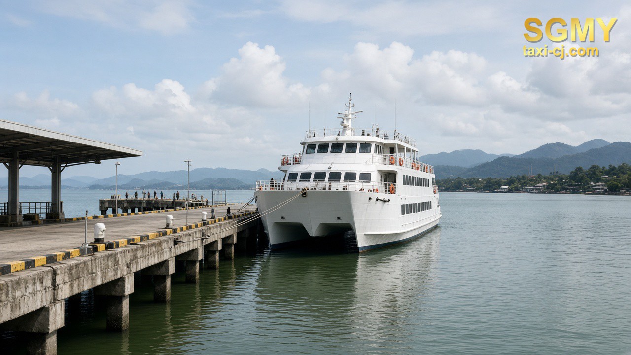 Passenger catamaran at a tropical ferry jetty toward Desaru