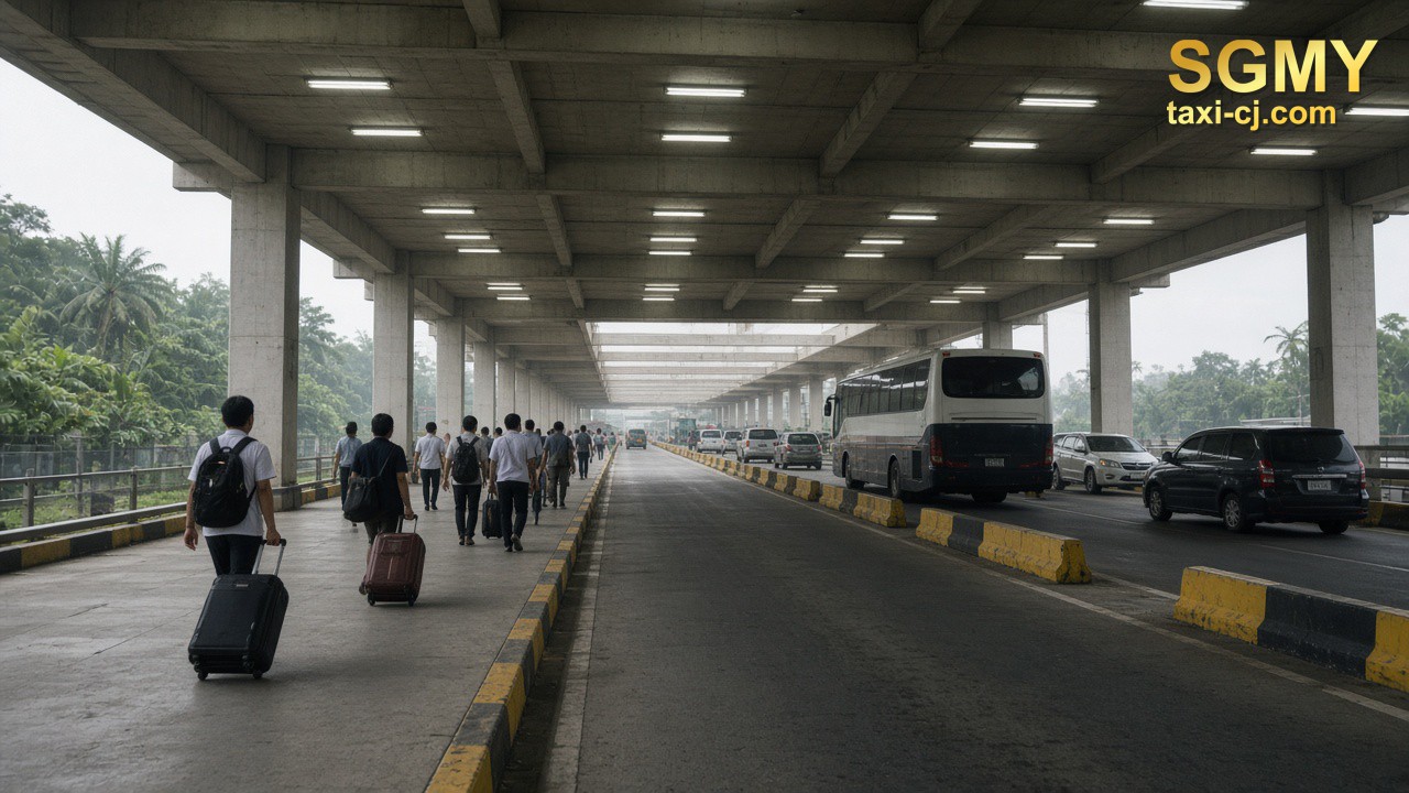 Coach passengers clearing a Singapore–Malaysia land checkpoint with luggage