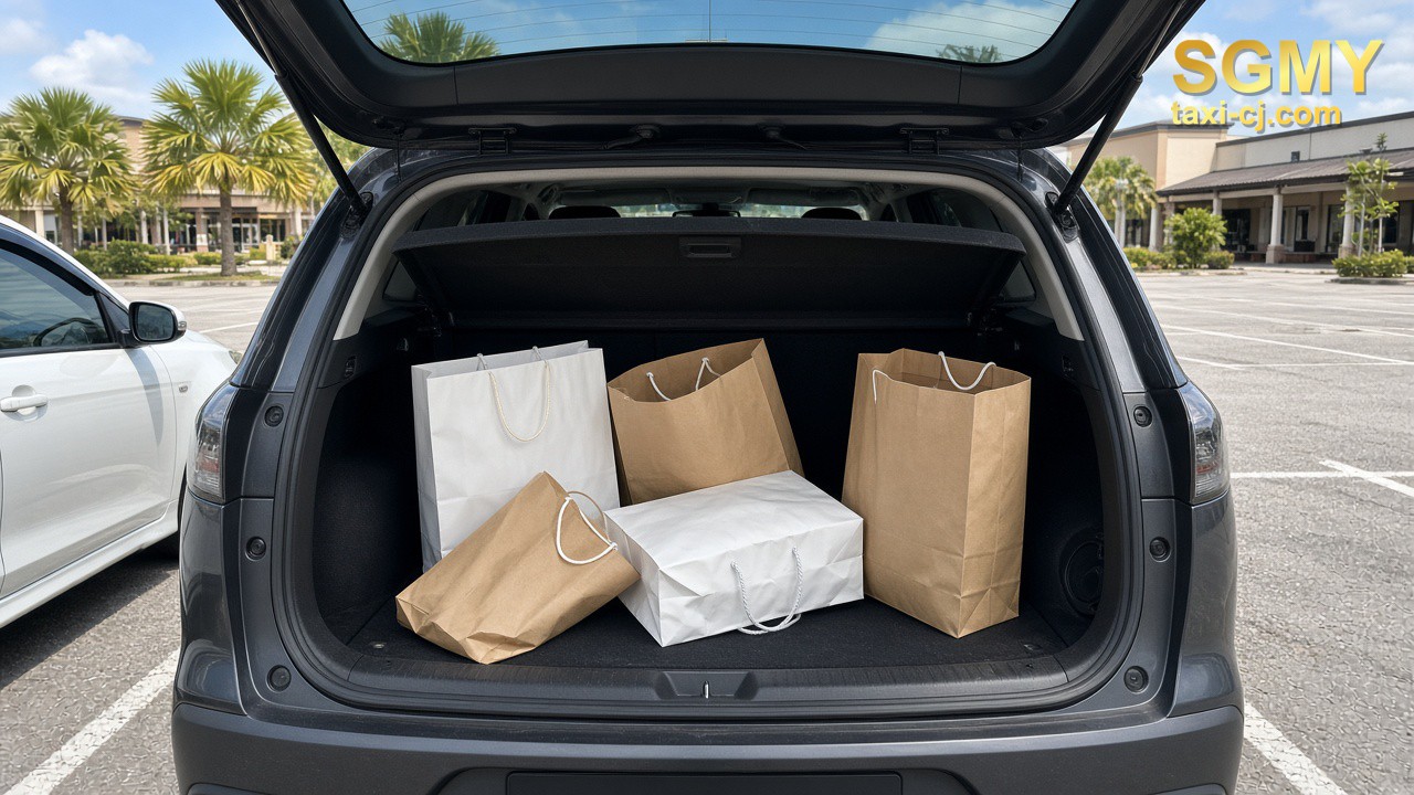 Open car boot with plain shopping bags at an outlet car park