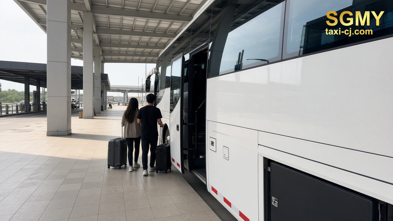 Coach bay after a Malaysia land checkpoint, passengers from behind