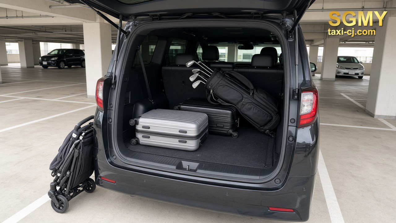 Open boot of an MPV with two suitcases and a golf bag in a car park